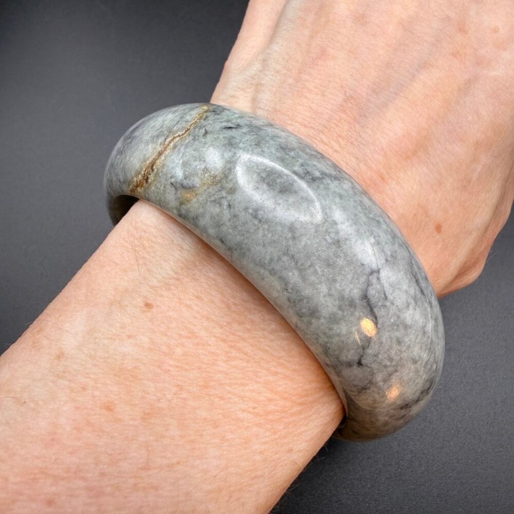 Gray Jadeite Jade Bangle Bracelet 1" Wide Tested Gemstone Chunky 133.89g